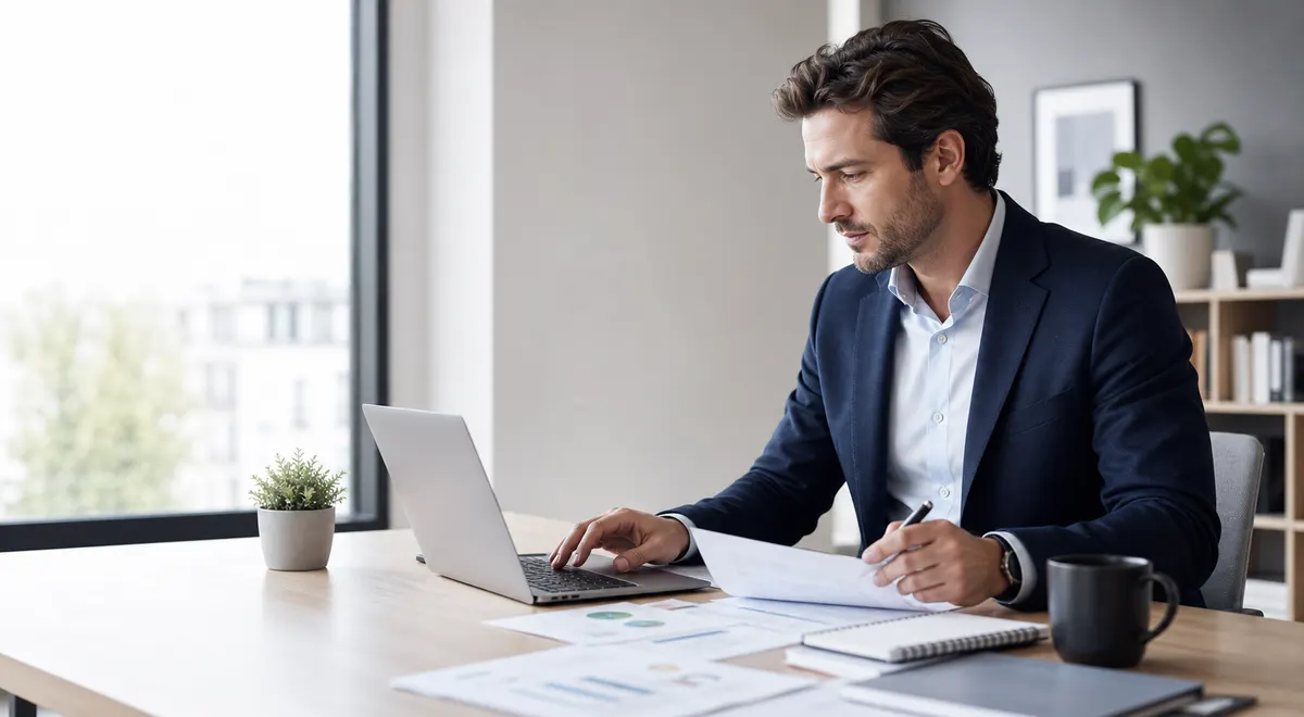 Professional person reviewing business documents beside a laptop